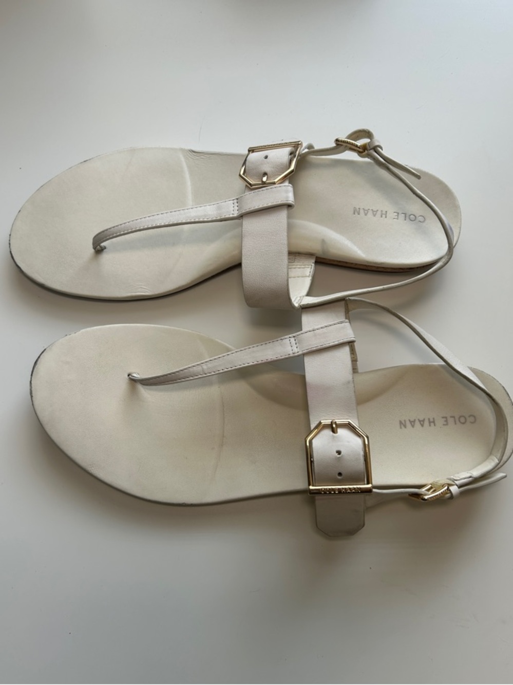 Cole Haan Francine Demi Wedge T-Strap Sandals with Gold Buckles 9B - Picture 5 of 12